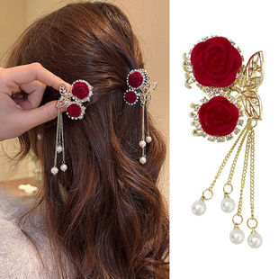 红色玫瑰高马尾小抓夹女后脑勺半扎发发夹高级感樱桃鲨鱼夹子头饰