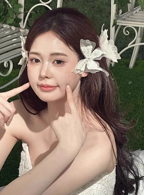 超仙白色蕾丝网纱蝴蝶发夹森系甜美优雅气质灵动边夹新娘礼服头饰
