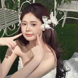 超仙白色蕾丝网纱蝴蝶发夹森系甜美优雅气质灵动边夹新娘礼服头饰