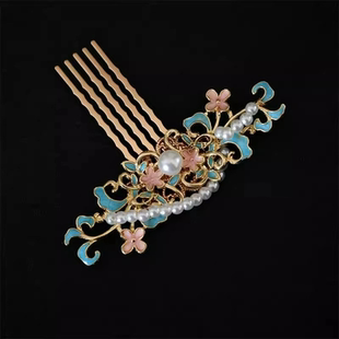 古风烧蓝发梳清新流苏发钗汉服头饰后压鬓新中式插梳配饰国风发饰