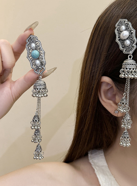 新中式绿松石铃铛流苏发夹女民族风侧边夹复古高级感精致发饰头饰