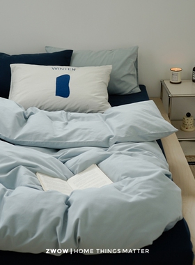造卧zwow北欧风高支长绒棉贡缎磨毛蓝色拼色纯色100全棉四件套男