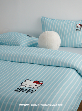 造卧zwow&hellokitty刺绣蓝色条纹全棉精梳棉亲肤A类床品四件套件