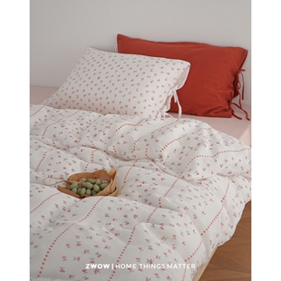 造卧zwow【樱桃园】A类双层皱皱纱樱桃印花粉色亲肤床单笠四件套