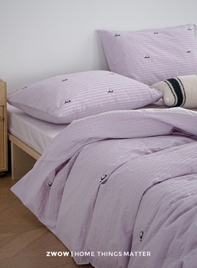 造卧zwow仙女紫色熊猫刺绣泡泡纱100全棉纯棉床单床笠被套四件套