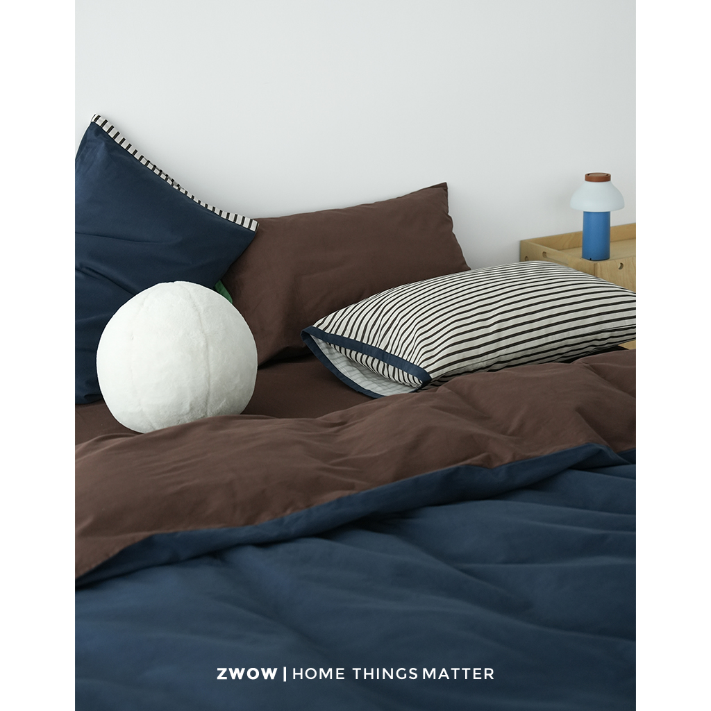 造卧zwow秋冬季全棉长绒棉高支磨毛藏青咖撞色5件套床单笠四件套