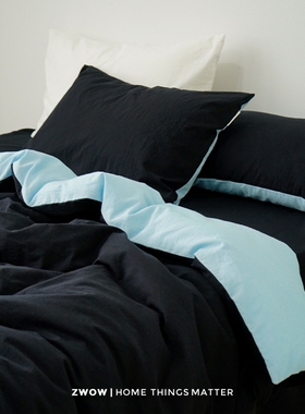 造卧zwow原创北欧风现代轻奢黑蓝色拼接撞色春秋水洗棉床品四件套
