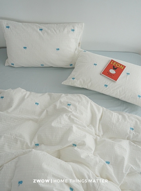 造卧zwow原创设计蓝色大象刺绣少女白色条纹泡泡纱纯棉全棉四件套