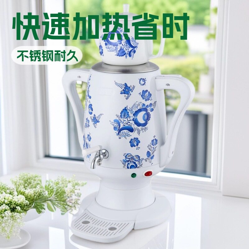 3.5L出口样板家用双层不锈钢俄罗斯热水壶土耳其子母壶白色带花纹