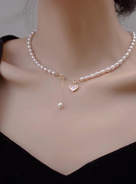 强光米粒珍珠18K镀金爱心项链