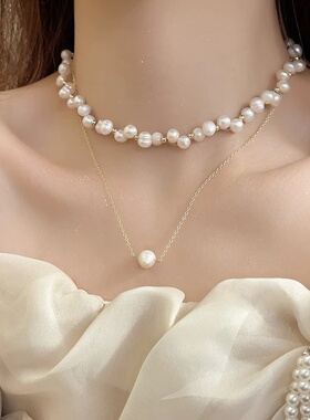 巴洛克异形淡水珍珠项链女双层叠戴设计感颈链鱼线擦绕串珠锁骨链