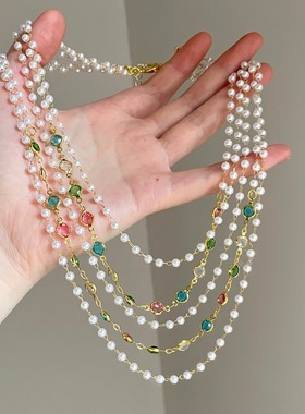Vintage古着 Multi-layer pearl color crystal stitching项链