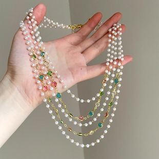Multi crystal layer color stitching项链 pearl Vintage古着