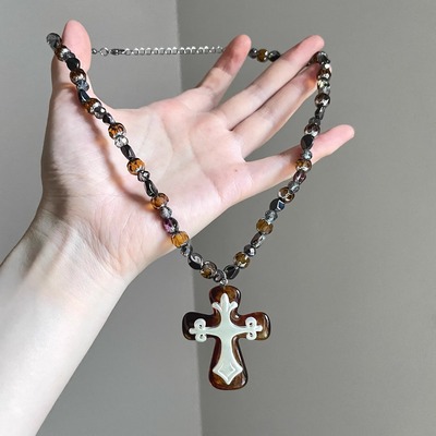 Vintage古着 Amber beaded cross项链