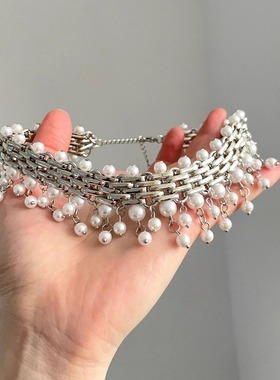 Vintage古着 Steel hoop pearl tassel项链
