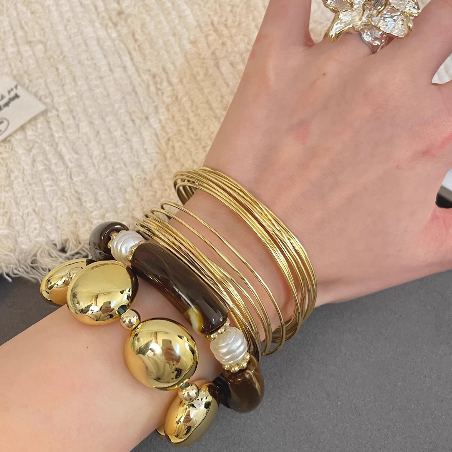 Vintage古着 Gold-plated pine pearl手镯