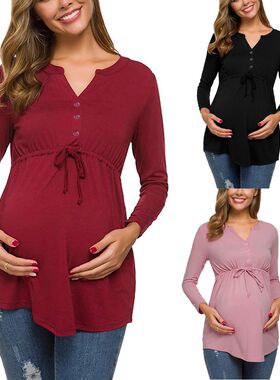 Women Maternity Long Sleeve Solid Color Nursing Tops T-shirt