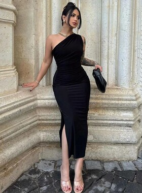 Summer Black New Dress Women Fashion Sexy Split Sleeveless B