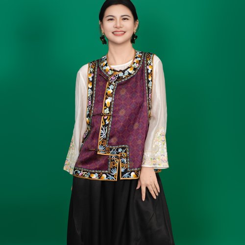 【陶青】香云纱重工复古马甲女宽松中式提花国风文艺马夹