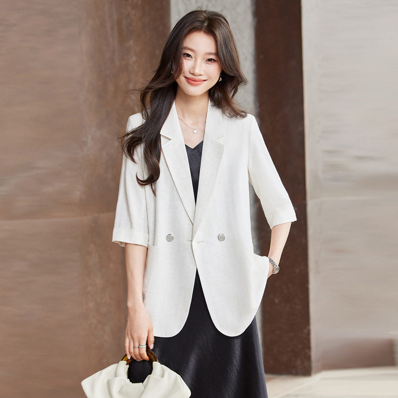 米白色七分袖西装外套女小个子2026新款春季松弛休闲气质西服
