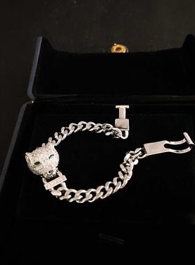 嘻哈风微镶满钻豹头手链欧美时尚高碳钻古巴链迈阿密中性手链