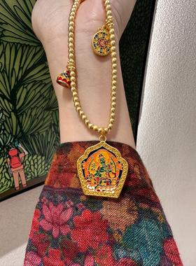 爆款热卖烧蓝绿度母吊坠磨砂金珠路路通古法沙金项链毛衣链女