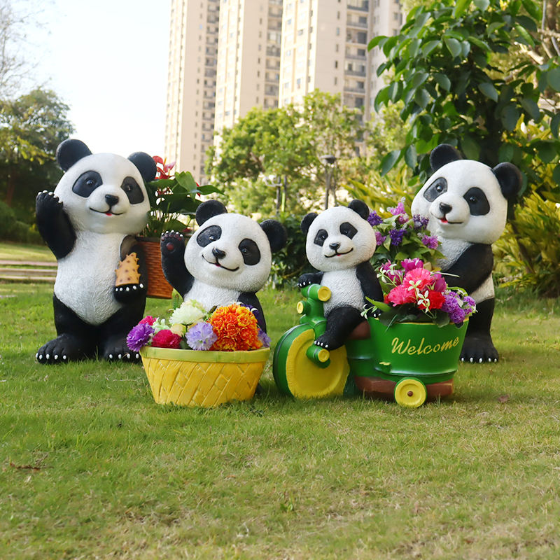 花园景观户外可爱熊猫花盆装饰品动物摆件幼儿园布置可爱仿真￼