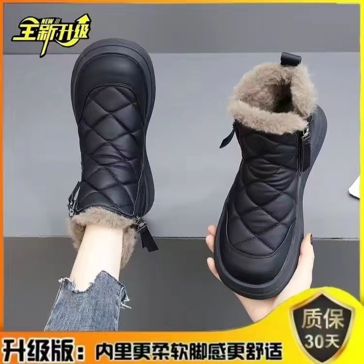 冬季新款女士棉鞋加绒加厚保暖防滑皮面防水防寒东北雪地靴