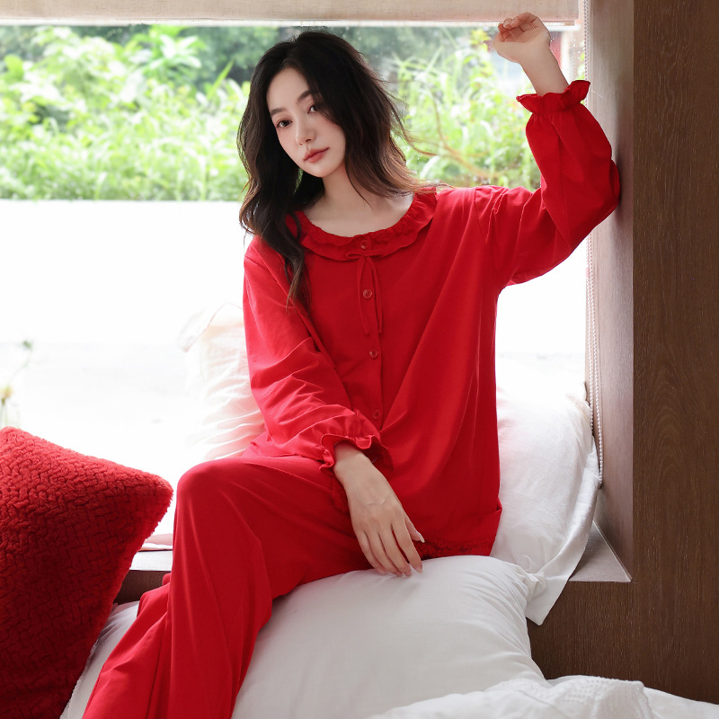 红色睡衣女春秋季纯棉长袖