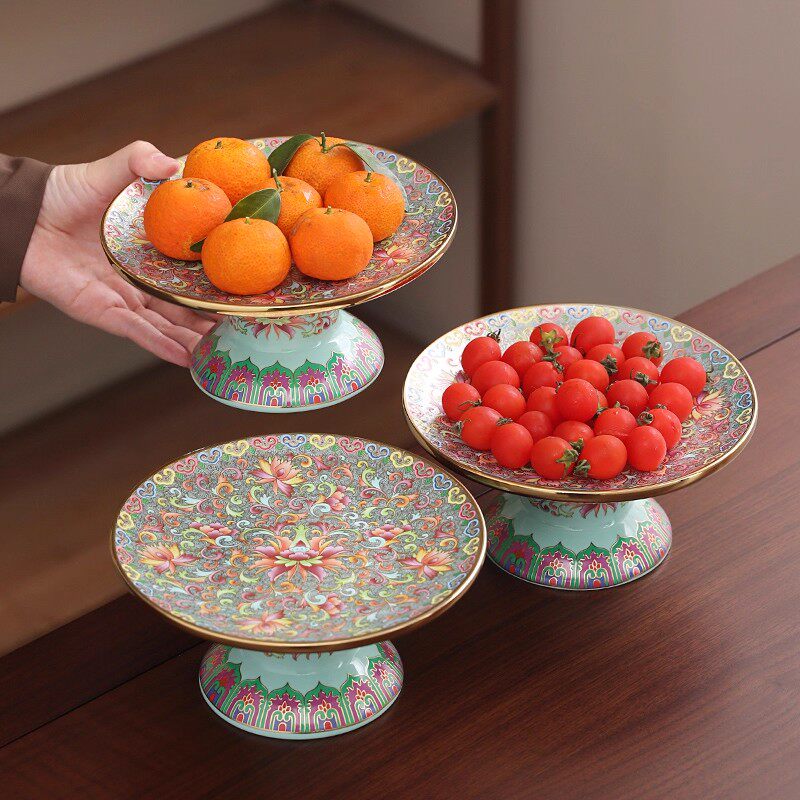 中式轻奢珐琅彩高脚水果盘家用客厅陶瓷零食茶点盘收纳托盘供贡盘