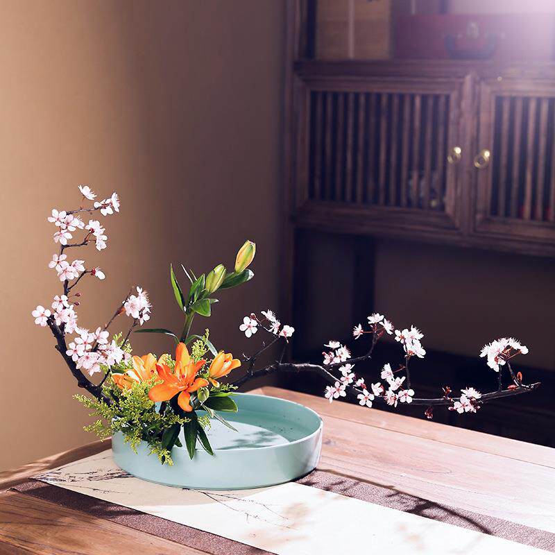 剑山中式插花器皿日式禅意小原流花器插花花盆塑料花盘花道圆盘