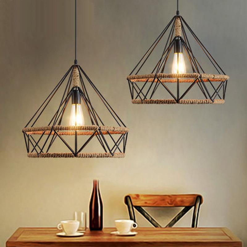 北欧现代简约餐厅吊灯创意三头loft灯具 复古餐厅钻石铁艺麻绳灯