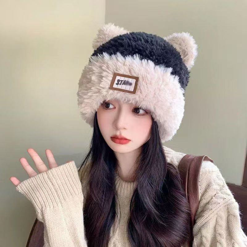 可爱猫耳朵毛绒帽女冬季产妇月子帽产后秋冬保暖针织毛线帽子外出