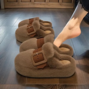 小香风厚底包头毛毛拖鞋女外穿2025新款秋冬软毛一脚蹬增高懒人拖