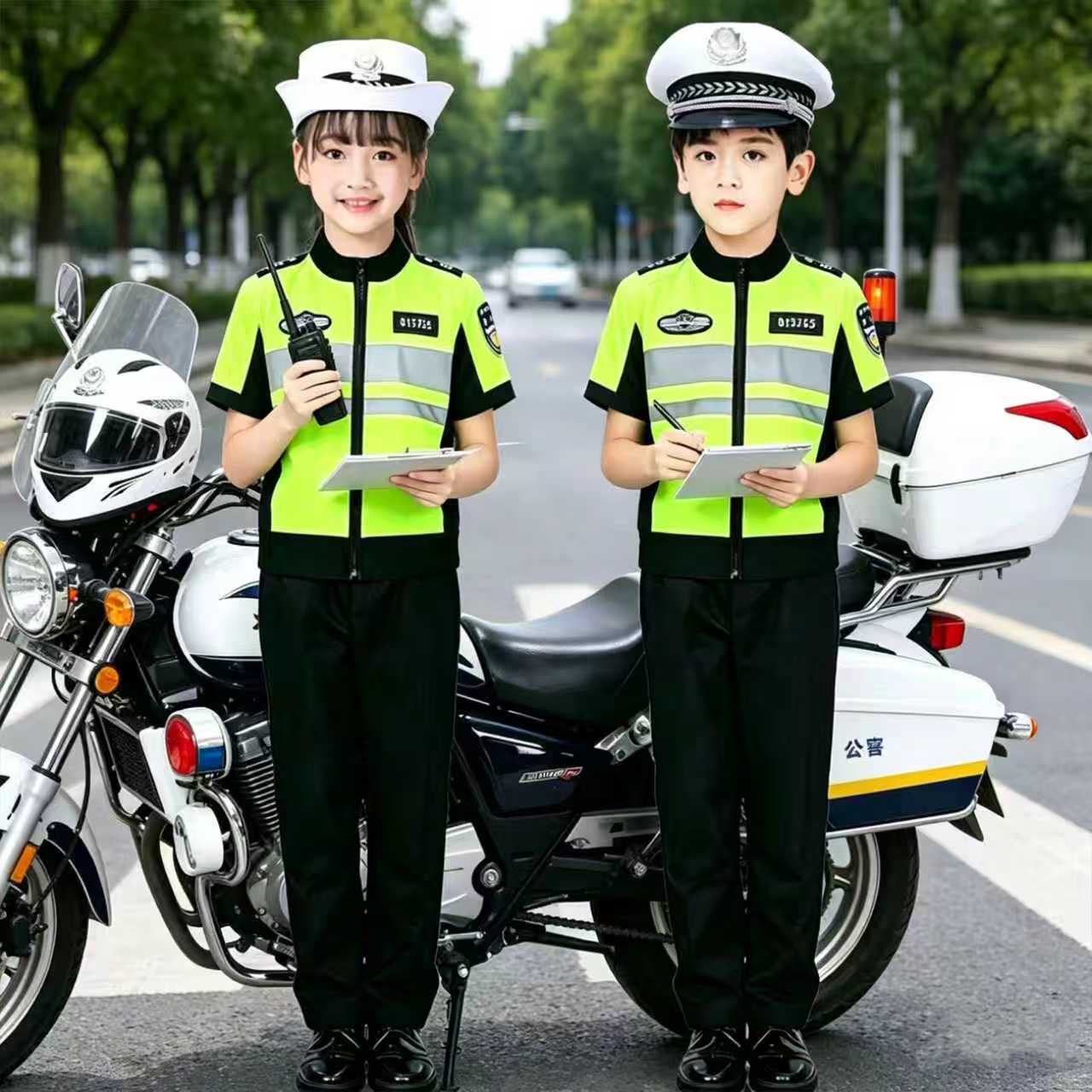 六一儿童节礼物儿童交警制服套装夏季荧光绿骑行服幼儿园表演服装