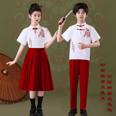 六一儿童合唱团朗诵演出服新款 国风园服班服红色竹叶中小学生套装