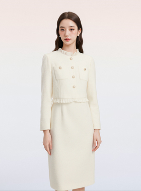 羊毛珂奈禾拉 时尚名媛香风假两件连衣裙白26春新款宴会RF07173V1