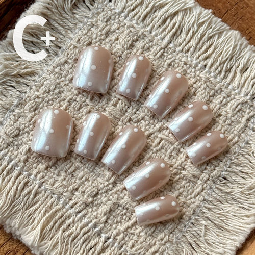 C+波点·奶咖珍珠 美甲穿戴甲渐变极光裸色手绘显白仙气手工短甲
