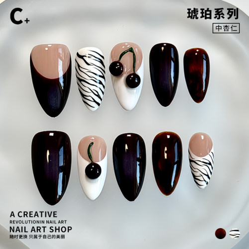 C+车厘子 美甲穿戴甲大樱桃立体纯手工手绘法式琥珀原创设计短甲