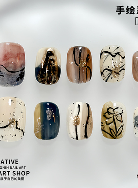 C+印象派芝麻 美甲穿戴甲手绘棕蓝色晕染洋气日式简约ins小众短甲