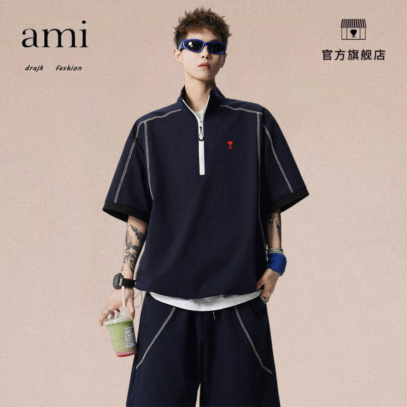 正品AMI DRAJK夏季哈苏线半拉链短袖T恤户外五分短裤休闲百搭运动