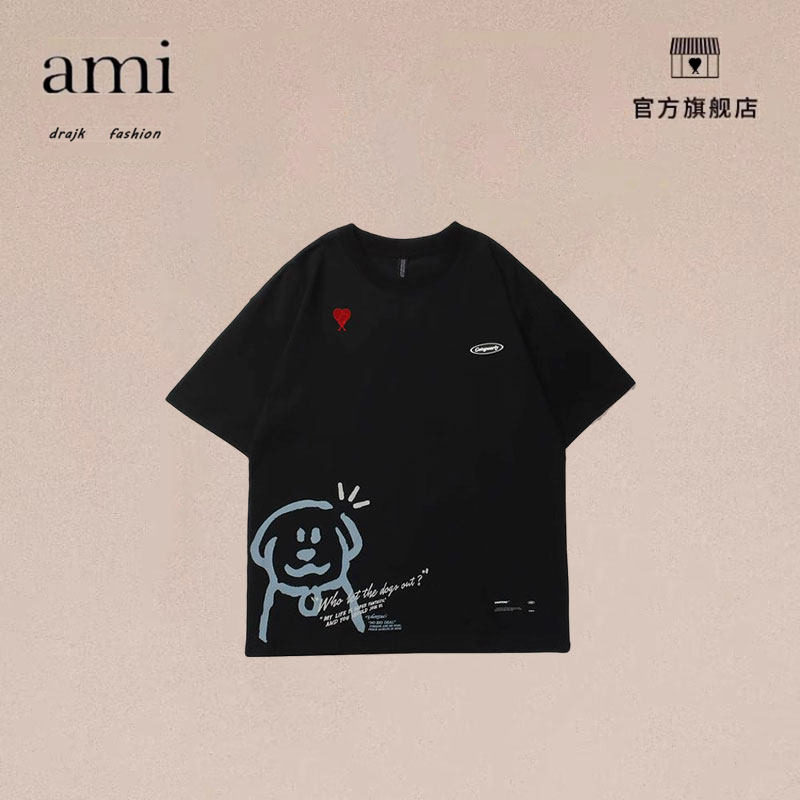 正品AMI DRAJK原宿风卡通印花情侣半袖tee夏季宽松休闲短袖T恤男