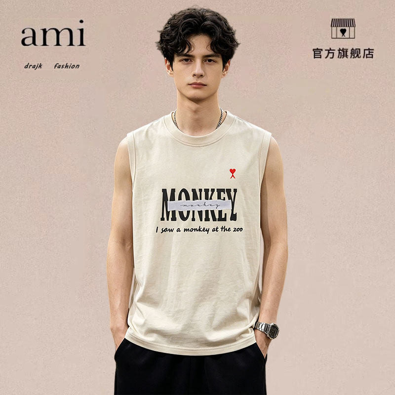 正品AMI DRAJK夏季薄款透气背心男字母印花坎肩T恤宽松运动汗衫
