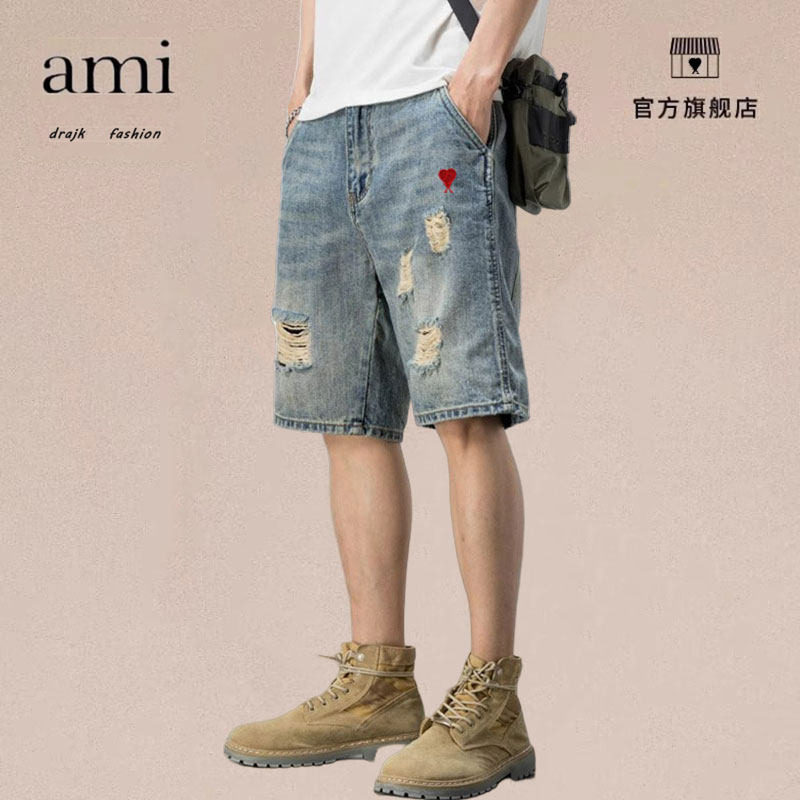 正品AMI DRAJK破洞牛仔短裤男士宽松大码直筒五分裤休闲薄款中裤