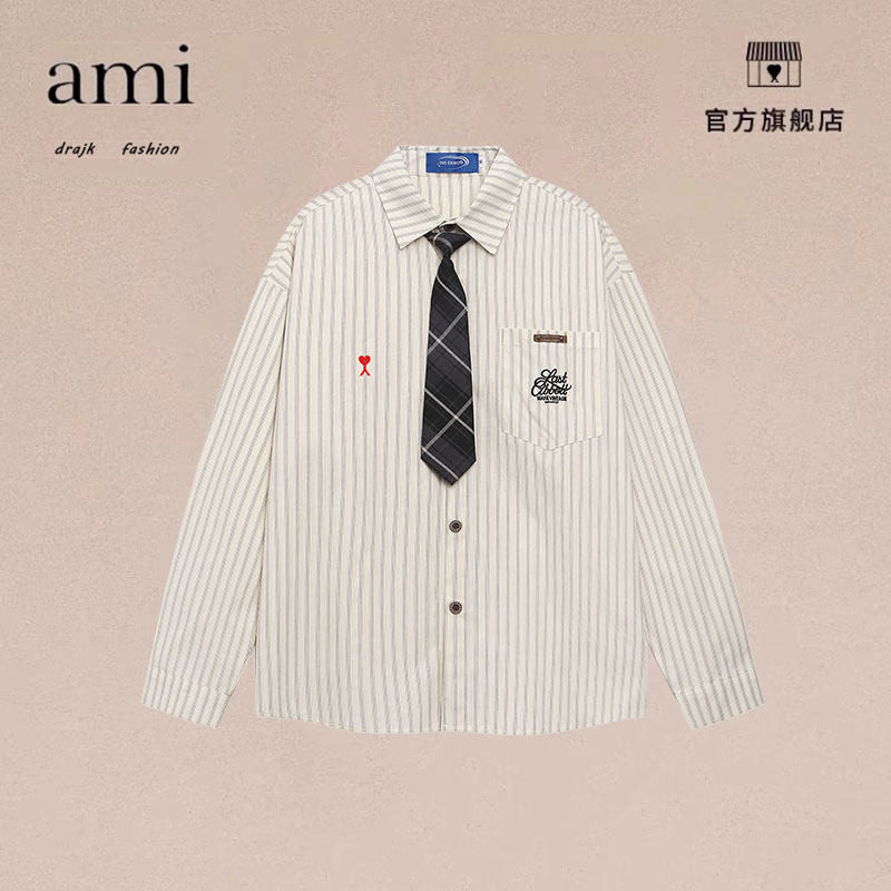 正品AMI DRAJK美式复古条纹领带长袖衬衫男秋宽松学院风休闲衬衣
