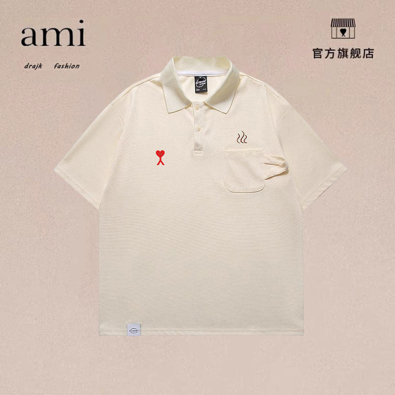 正品AMI DRAJK日系复古创意口袋刺绣短袖POLO衫潮牌宽松休闲T恤