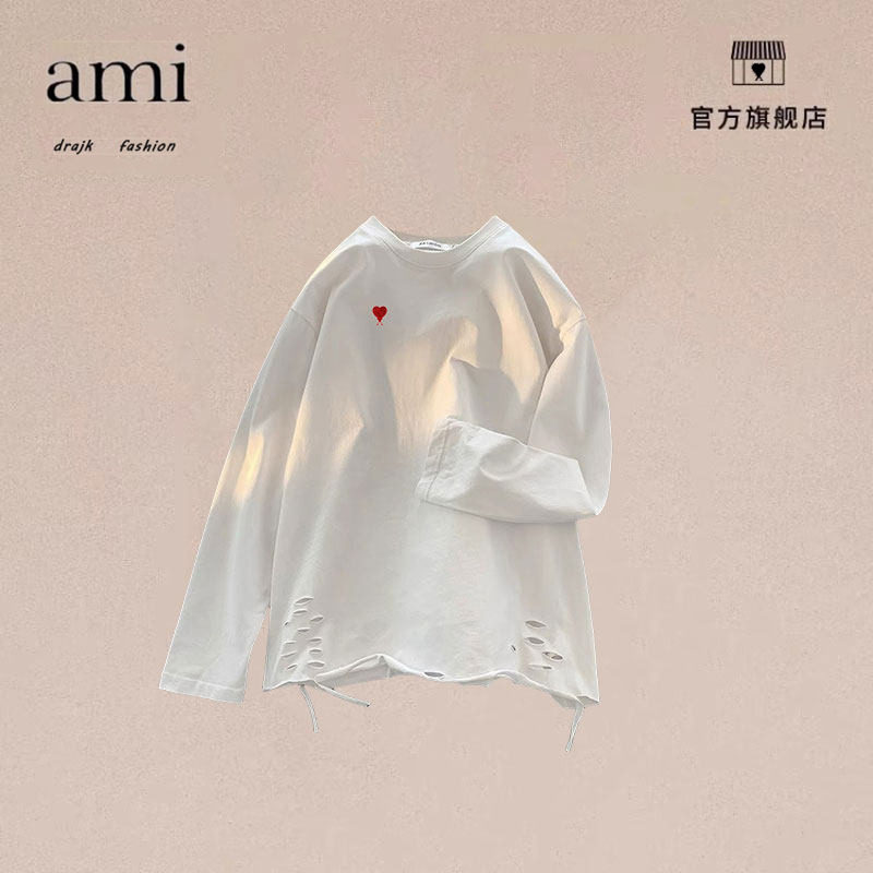 正品AMI DRAJK白色内搭破洞打底衫男春秋重磅纯长袖t恤叠穿卫衣