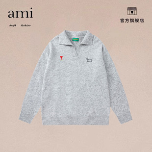 正品AMI DRAJK复古学院风刺绣POLO领毛衣男秋宽松百搭套头针织衫