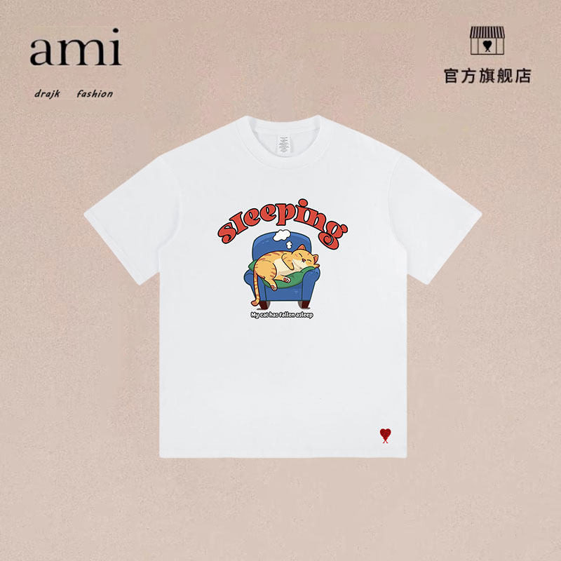 正品AMI DRAJK复古美式宽松杏色t恤男女韩版落肩纯百搭短袖上衣