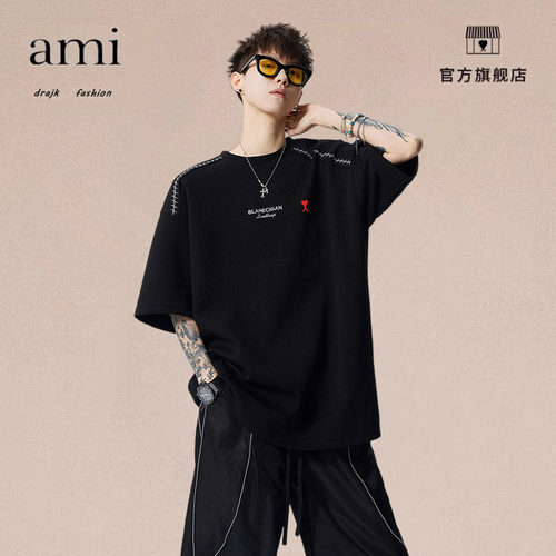 正品AMI DRAJK美式潮牌印花短袖t恤男街头痞帅宽松百搭休闲上衣